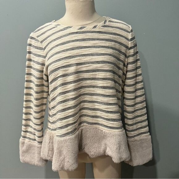 Maeve by Anthropologie Astor Fur-Trimmed Striped Pullover Size Medium - Picture 4 of 12